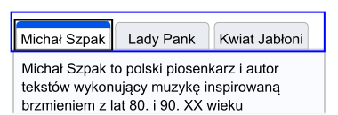 Trzy przyciski zakładek pokazane w ciemnoniebieskim prostokącie wokół wszystkich trzech przycisków zakładek. Pierwszy przycisk zakładki również ma ciemny kontur i niebieski pasek wskazujący, że jest zaznaczony.